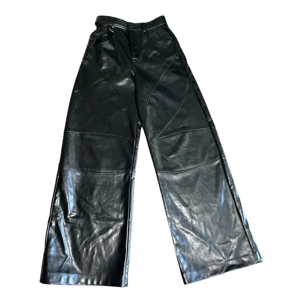 Zara W Black Faux Leather Wide Leg Cut Out Pockets Small Pants Biker Core Rocker